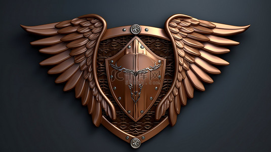 带有剑和翼细节的青铜盾牌的 3D 渲染