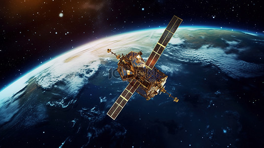 现代全球导航卫星在太空中闪闪发光的天空的 3D 渲染