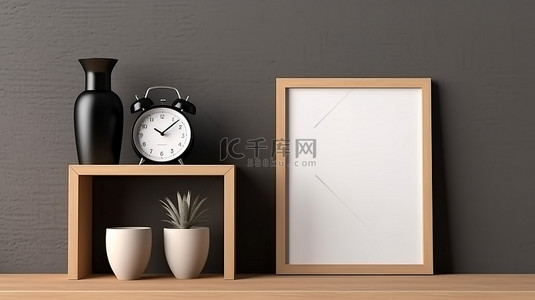 架子上背景图片_垂直背景样机模板靠在黑色架子上的空白木制相框的 3D 插图