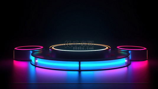 黑色未来派背景下的 IT 产品霓虹灯圆形讲台的 3D 渲染