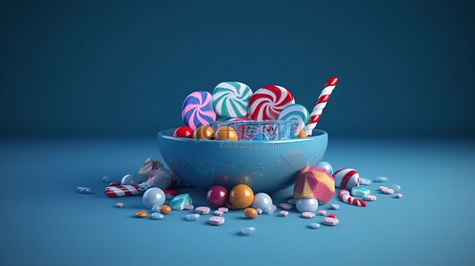 冬季传单背景图片_以圣诞糖果礼物和蓝色背景为特色的 3D 节日冬季促销