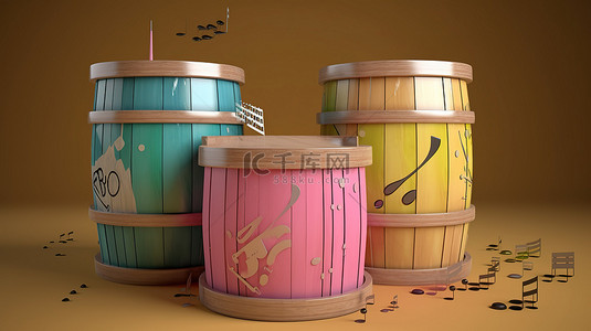 音乐主题的木鼓 3D 渲染，在充满活力的背景上带有音符