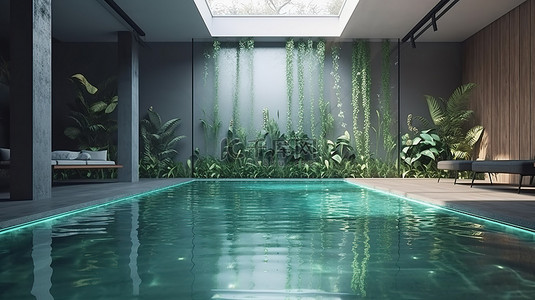 带室内花园和游泳池的室内场景的 3d 可视化