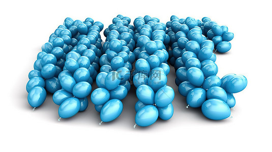 3D 形状的天蓝色气球在白色背景上形成单个单词