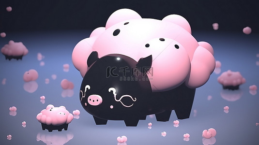 商业理念背景图片_围绕黑色 3d 渲染存钱罐的粉红猪商业和金融概念