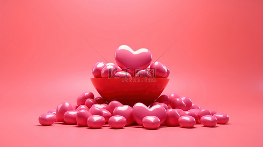 充满活力的心形糖果，采用令人惊叹的红色色调，以柔和的粉红色背景为背景 3d 情人节概念