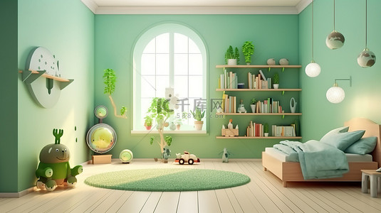 当代绿色儿童房的 3D 渲染，配有植物床和玩具