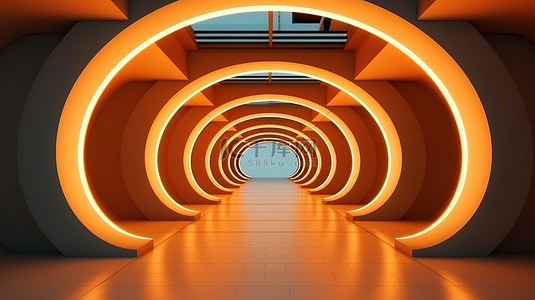 带有几何地板照明 3D 渲染的当代简约隧道