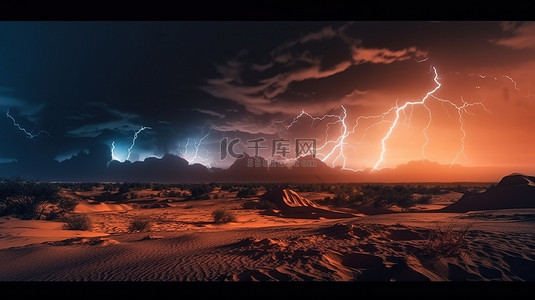 令人敬畏的雷电照亮了沙漠的夜晚