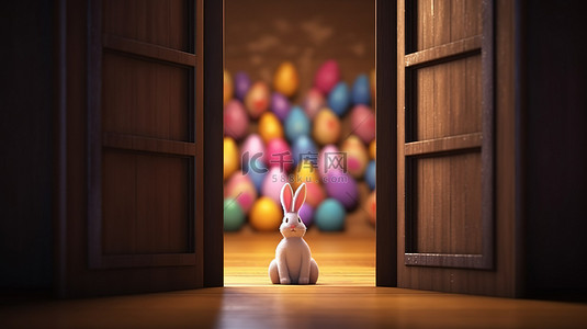 兔子耳朵背景图片_3D 复活节兔子耳朵和鸡蛋透过打开的门窥视，有充足的复制空间