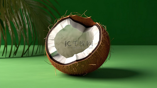 切水果背景图片_绿色桌子上椰子的 3D 渲染，切出一片