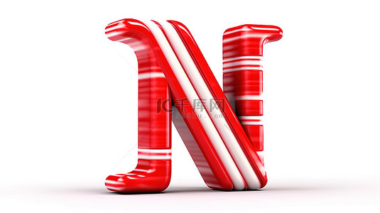 n 薄荷糖手杖字母表集合，白色背景 3d 渲染上带有红色条纹