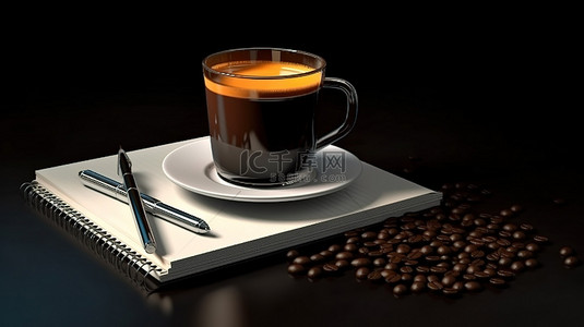 黑色背景上咖啡杯和笔记本的 3D 插图特写