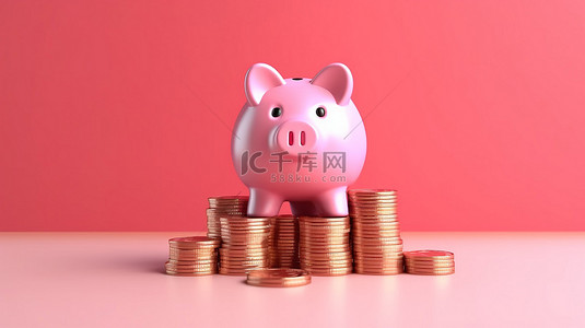 储蓄背景图片_将硬币堆放在粉红色的存钱罐中，通过 3D 渲染可视化为退休储蓄