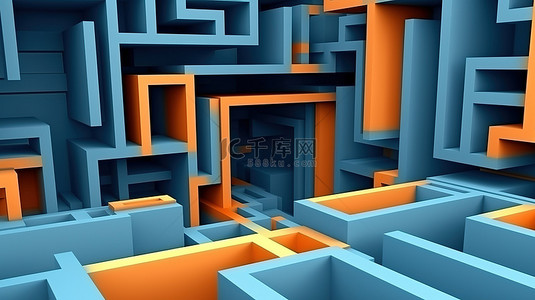 游戏元素背景图片_蓝色墙壁背景上的 3D 渲染橙色迷宫艺术品