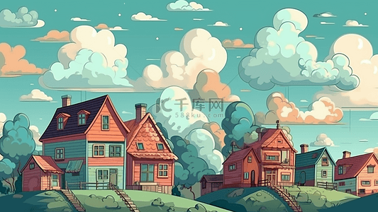 树木背景图片_房子天空卡通插画背景