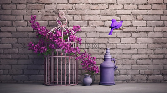 花和叶背景图片_一个风景如画的鸟笼，配有一瓶紫色花和一个杯子，在质朴的砖背景3D渲染上