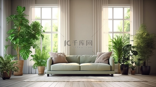 阳光明媚的客厅的 3D 插图，配有绿色沙发盆栽植物和木地板