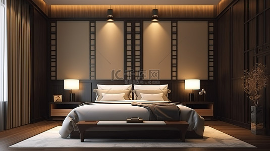 家居卧室背景背景图片_带电视的酒店套房，简约奢华的 3D 渲染令人惊叹的亚洲卧室