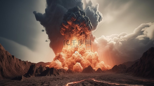 一座巨大的火山在 3d 渲染中喷出熔岩和有毒气体