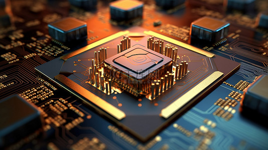 电路板的 3D 渲染，带有微控制器微芯片，并使用用于 CPU 开发的固件进行编程