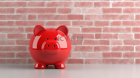 砖墙背景上红色存钱罐钱盒的 3D 渲染，带有空白框架的特写