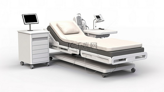 带有电子控制装置和滴管的医院病床的 3D 渲染，控制台桌上设置有阴影的白色背景