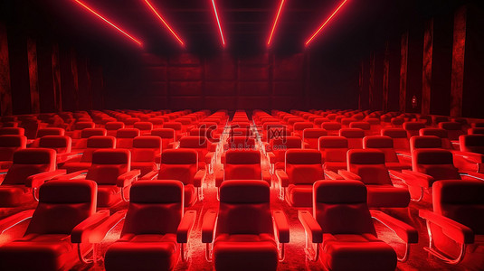霓虹灯电影院中一排充满活力的红色卡通椅的 3D 渲染概念设计