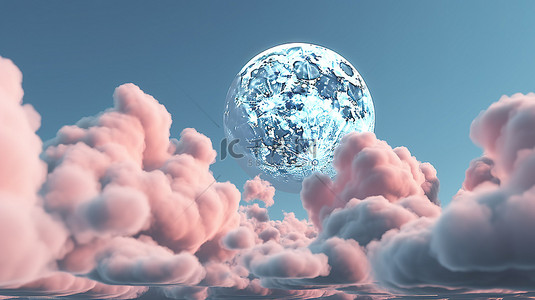 月亮和云的柔和色调 3d 渲染
