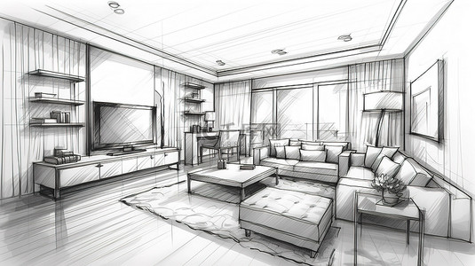现代客厅家具沙发桌凳和电视柜内部的 3D 草图