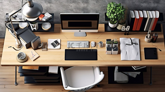 从头顶看木桌上的电脑和文具，对现代家庭办公室工作区进行 3D 渲染