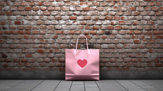 关闭 3D 渲染粉红色纸购物袋，在空白框架砖墙前装饰着红心