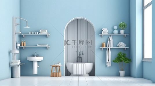 带分隔淋浴和干燥区的浴室的柔和蓝色 3D 渲染