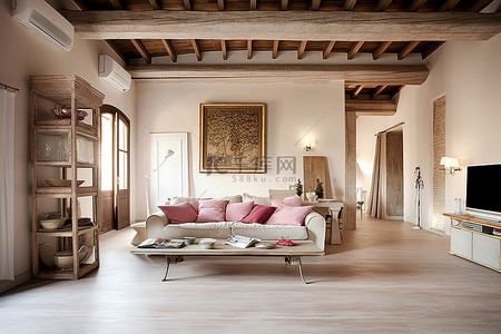 一个非常漂亮的客厅，装饰着白色的木地板和横梁