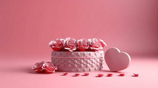红色中背景图片_3D 渲染情人节场景抽象模型，心盒和红色礼品盒中装有粉红玫瑰
