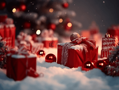 发光广告背景图片_礼盒挂饰球雪地圣诞节新年节日广告背景