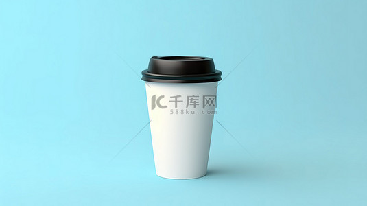 蓝色背景 3D 模型中带黑色盖子的白咖啡杯