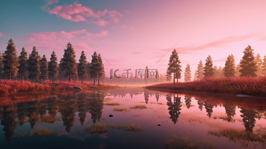 优美的环境背景图片_令人惊叹的 3D 渲染，风景如画的湖泊，日出时有反光的绿树和粉红色的草