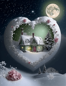 浪漫冬季夜晚爱心乡村小屋油画装饰画背景