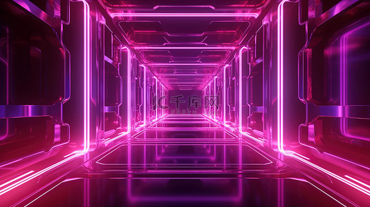 科幻空间场景的迷人 3D 插图，带有闪亮的粉红色霓虹灯