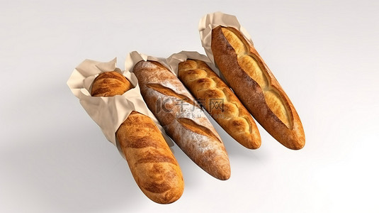 白色背景 3D 渲染图像上用纸包裹的新鲜出炉的法棍面包