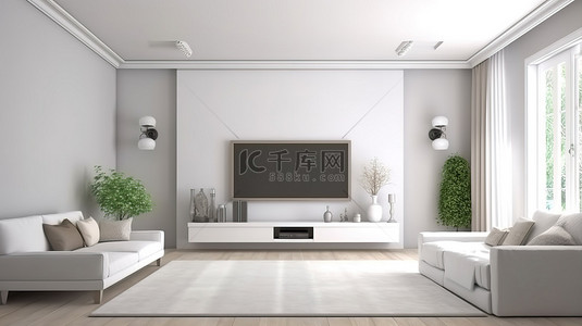 时尚的白色客厅配有 3D 渲染的宽屏电视