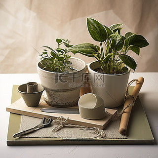 厨房板上的白色花盆和一件园艺设备