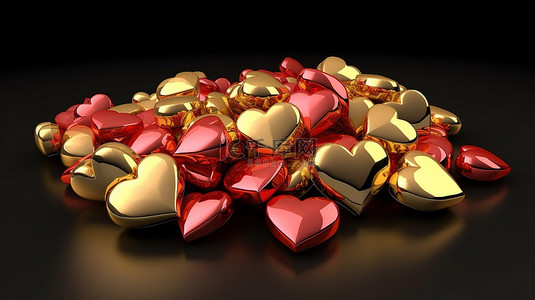 金色爱心背景图片_3d 渲染中的一簇金色和红色的心