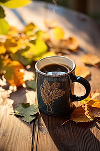 在木桌上的咖啡杯与叶子