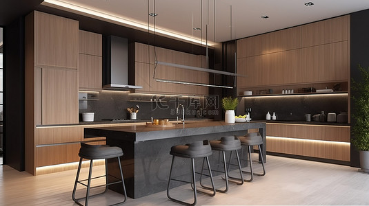 高端 3d 渲染中的现代厨房和卧室