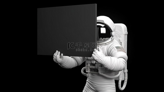 教育ppt封面背景图片_宇航员在黑色背景上的 3D 渲染中持有的白色面板标语牌