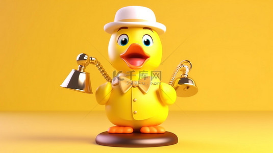 酒店服务背景图片_3D 渲染一个可爱的黄色卡通鸭子吉祥物，在亮黄色背景上拿着酒店服务铃