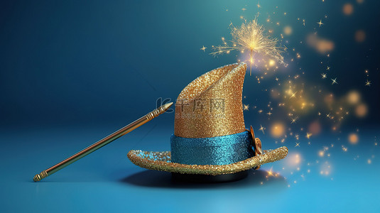 魔术表演背景图片_迷人的魔法金帽子和魔杖在蓝色 3d 背景上闪闪发光