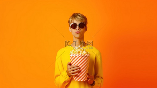 快乐时尚背景图片_时尚的年轻人戴着 3D 眼镜，在充满活力的黄色背景下拿着爆米花